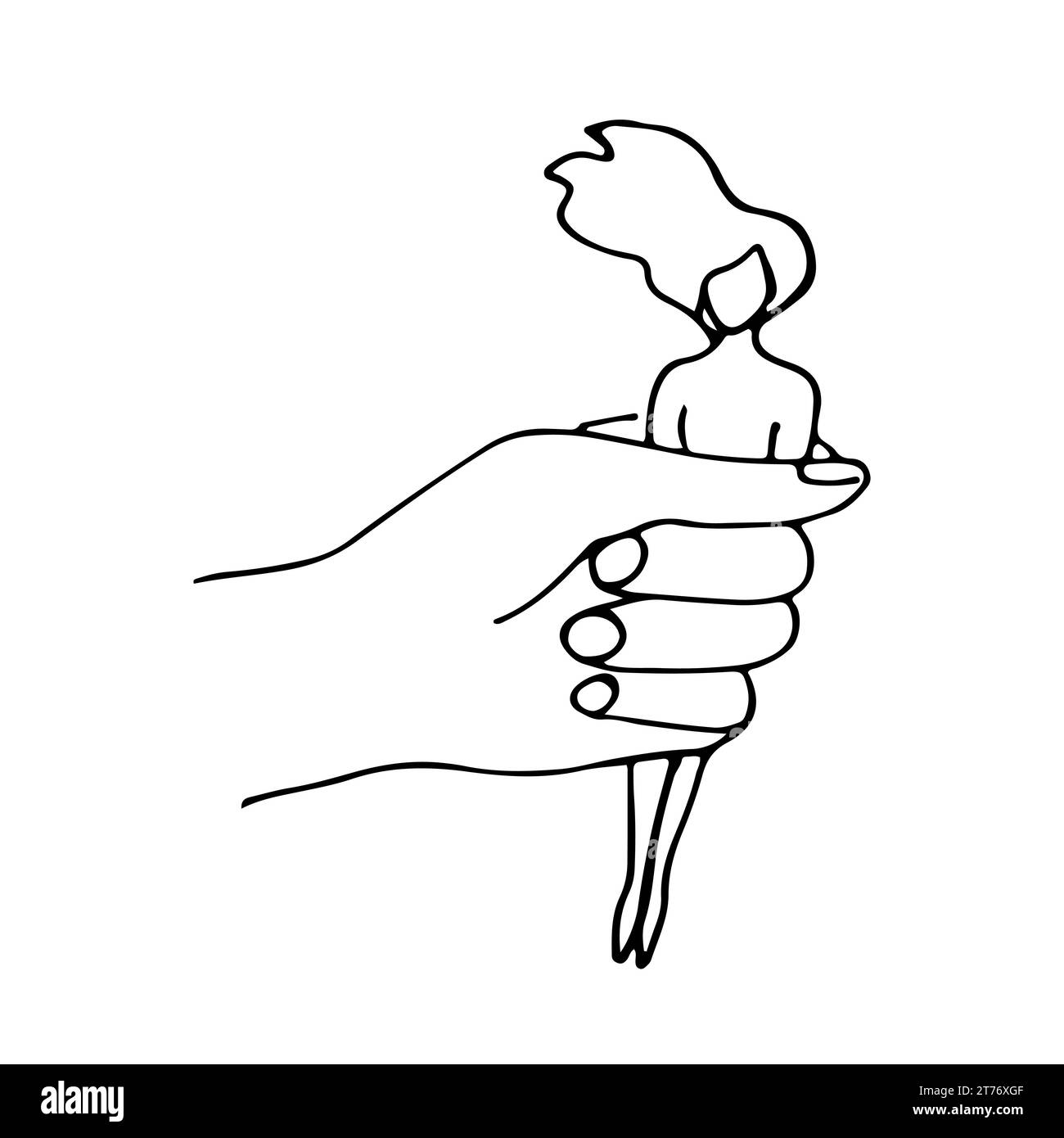 Die Hand hält die Frau vollständig. Doodle-Stil-Konzept von Manipulation, geistiger Gewalt, totaler Kontrolle, Gasbeleuchtung, Persönlichkeitsversklavung. Stock Vektor