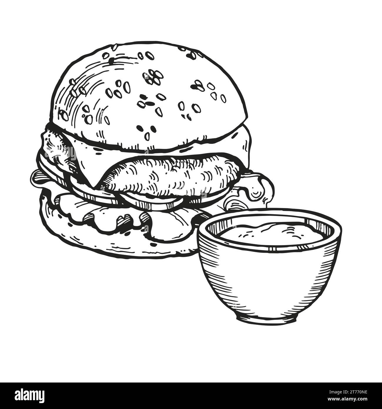 Vektor-Illustration von Burger mit Fleisch, Zwiebeln, Tomaten, Käse und Sauce, handgezeichnete Skizze von Fast Food, isoliert auf weißem Hintergrund, schwarz und wh Stock Vektor