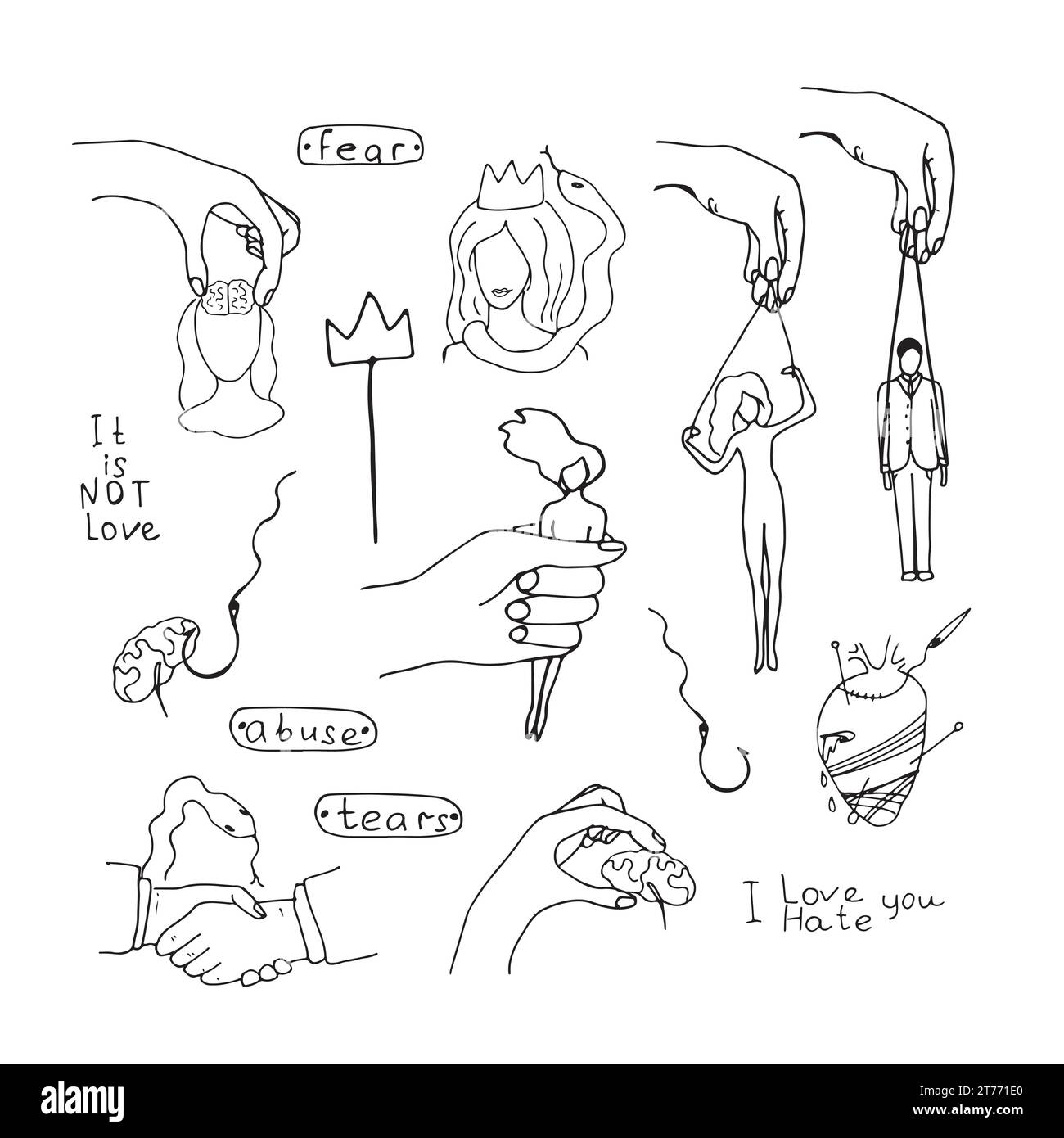 Eine Reihe von Kritzeleien für psychische Störungen, Narzissmus und Psychopathie. Die Hand manipuliert einen Mann, eine Frau, eine Hand hält einen Kopf und ein Gehirn, ein menschliches Gehirn Stock Vektor