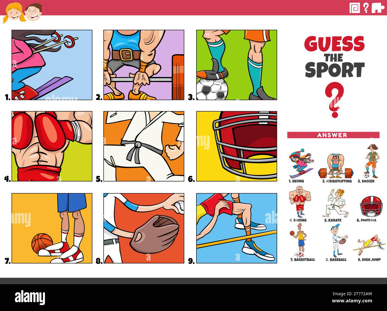 Cartoon-Illustration der pädagogischen Aktivität des Erratens der Sportdisziplin für Kinder Stock Vektor