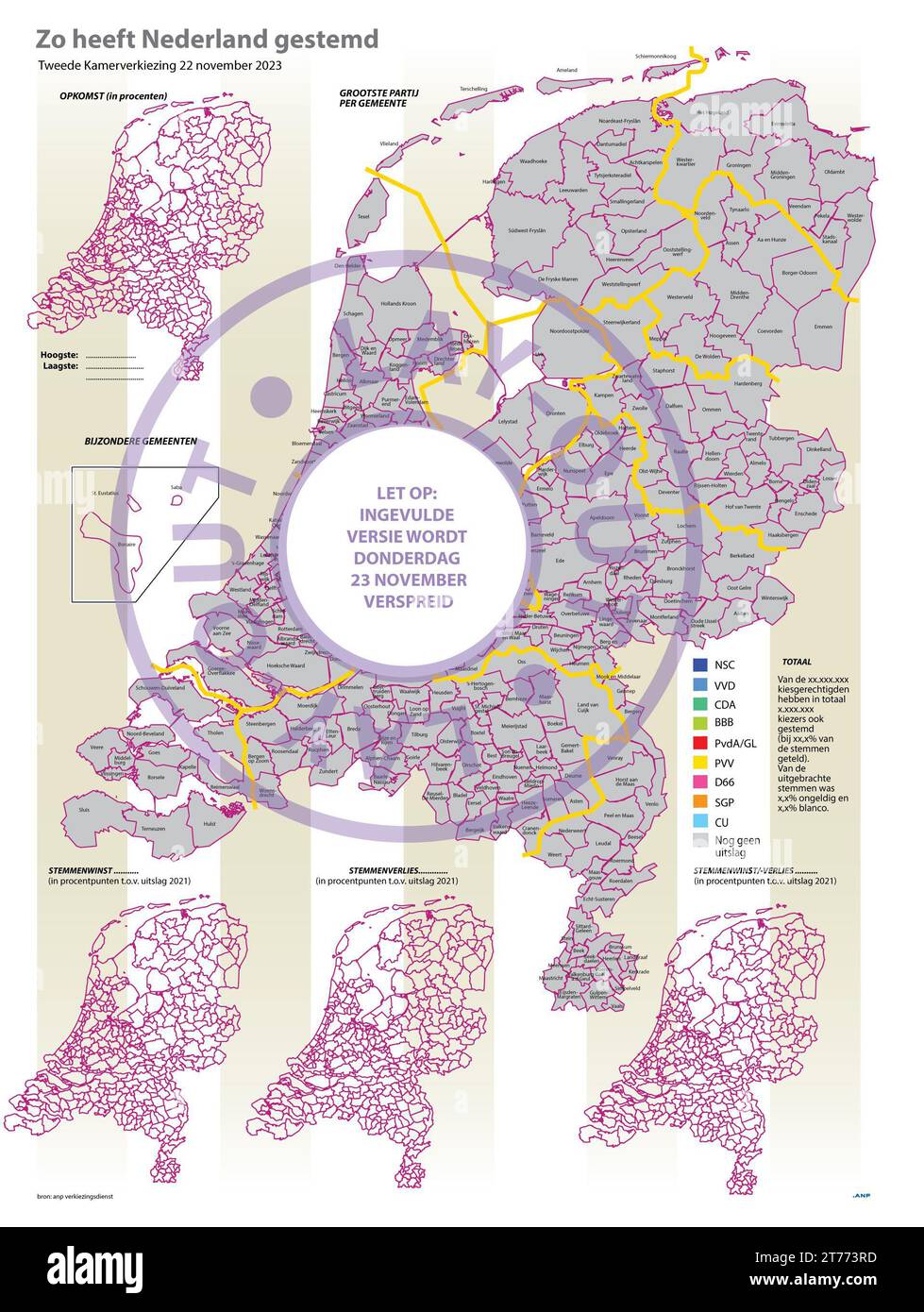 LAYOUT-ERGEBNISSEITE Wahl des Repräsentantenhauses 2023, die vollständige Fassung wird am Donnerstag, 23. November, verteilt. ANP INFOGRAFIKEN niederlande Out - belgien Out Stockfoto