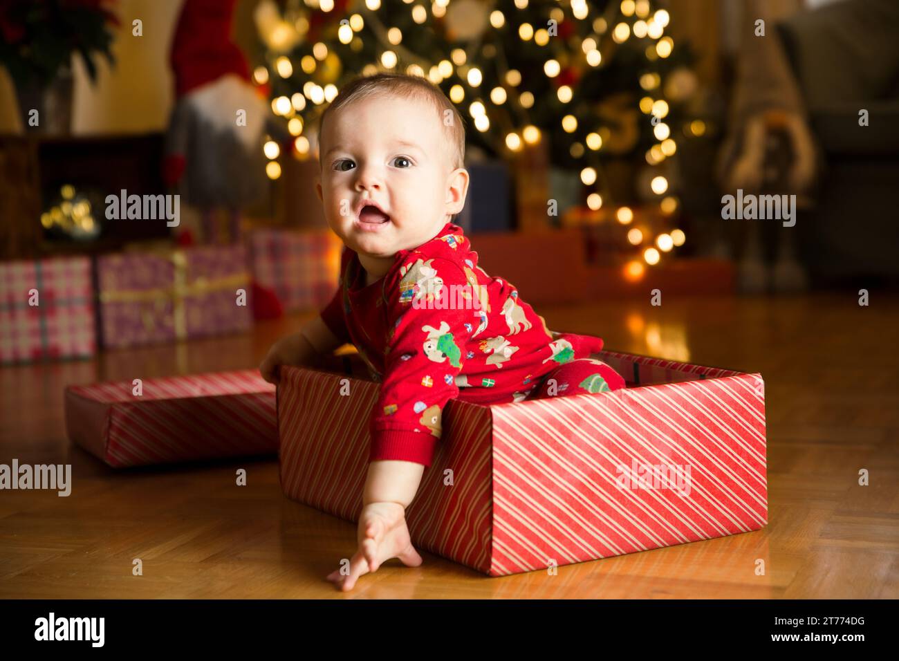 Glücklicher Junge in einer roten Mütze, der in einer Geschenkbox auf dem Hintergrund eines Weihnachtsbaums am Heiligabend sitzt. Frohe Feiertage, Neujahr. Gemütlicher, warmer Winterabend zu Hause. Weihnachtszeit Stockfoto