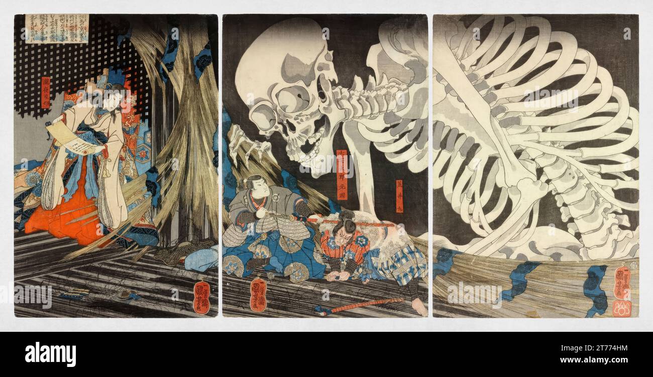 Takiyasha die Hexe und das Skeleton Spectre ist ein Triptychon aus dem Jahr 1844 des japanischen Künstlers Utagawa Kuniyoshi (1798–1861). Stockfoto
