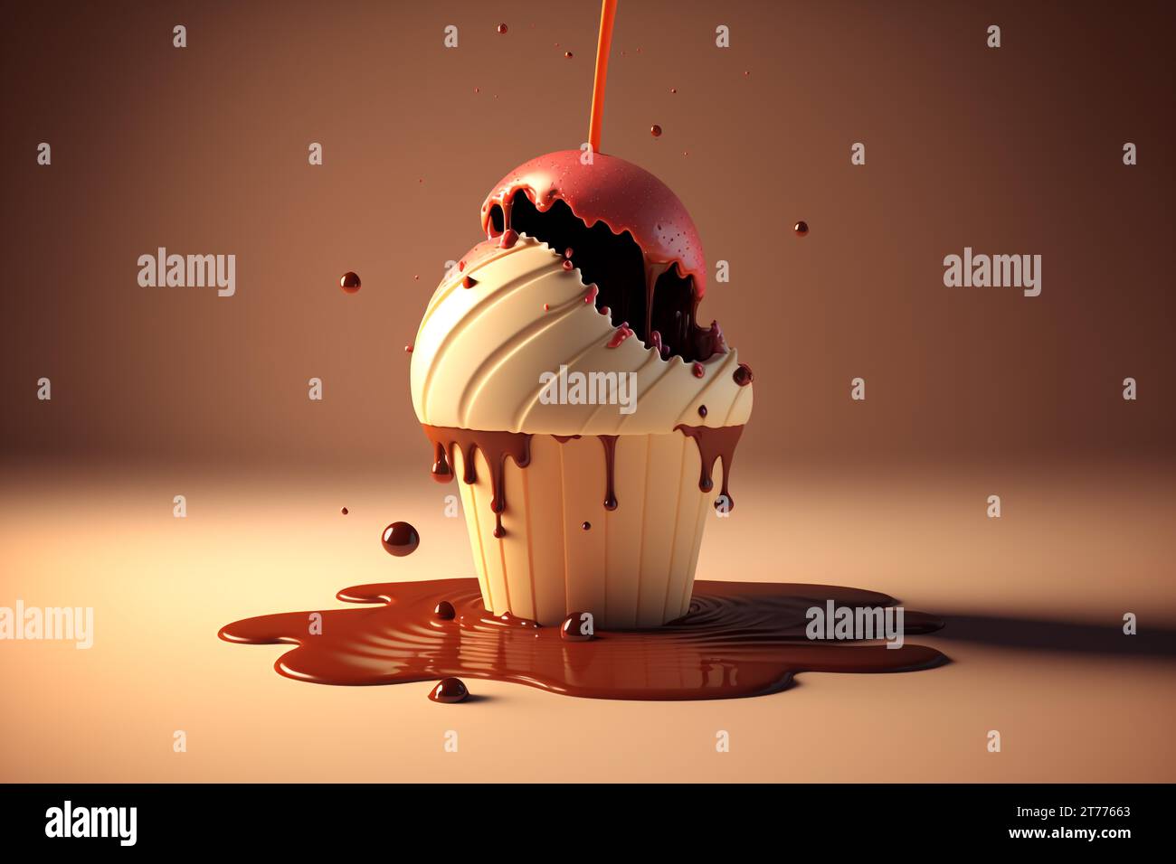 Ein köstlich aussehender Cupcake mit einem rosa herzförmigen Bonbon-Topping vor weißem Hintergrund Stockfoto