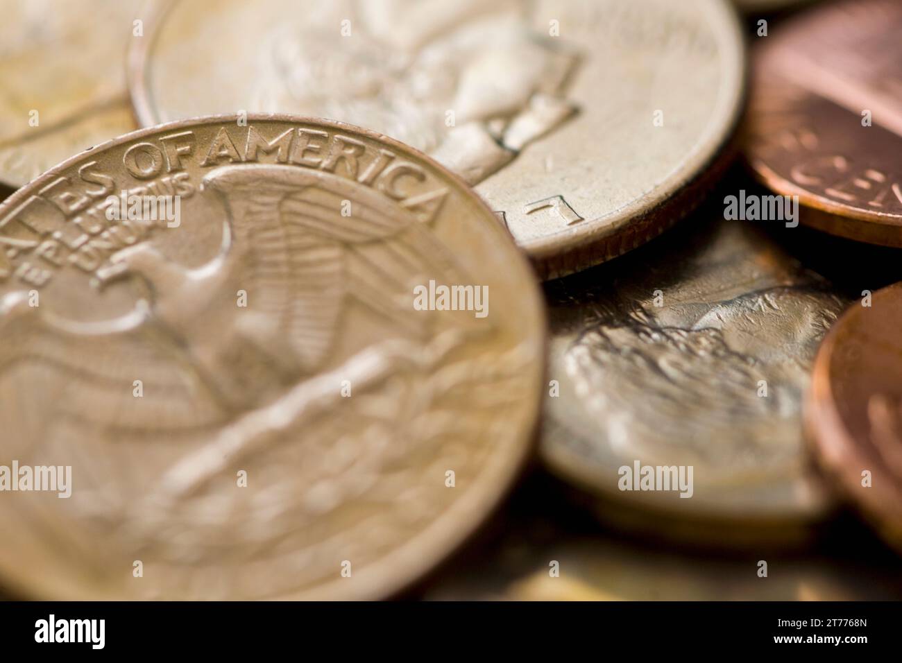 Extreme Nahaufnahme von US-Dollar-Münzen Stockfoto