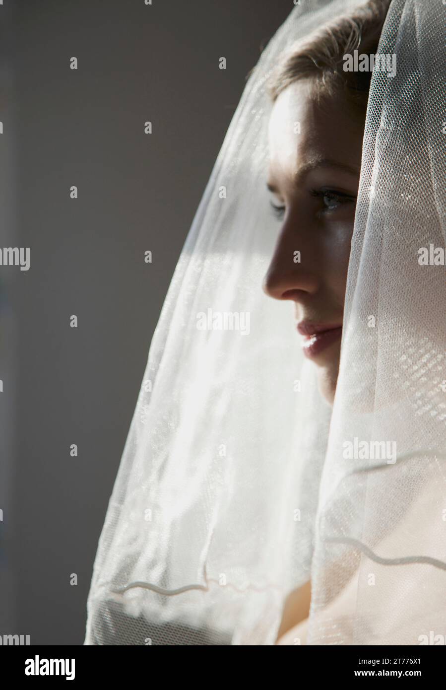 Profil einer Braut, die einen Schleier trägt Stockfoto
