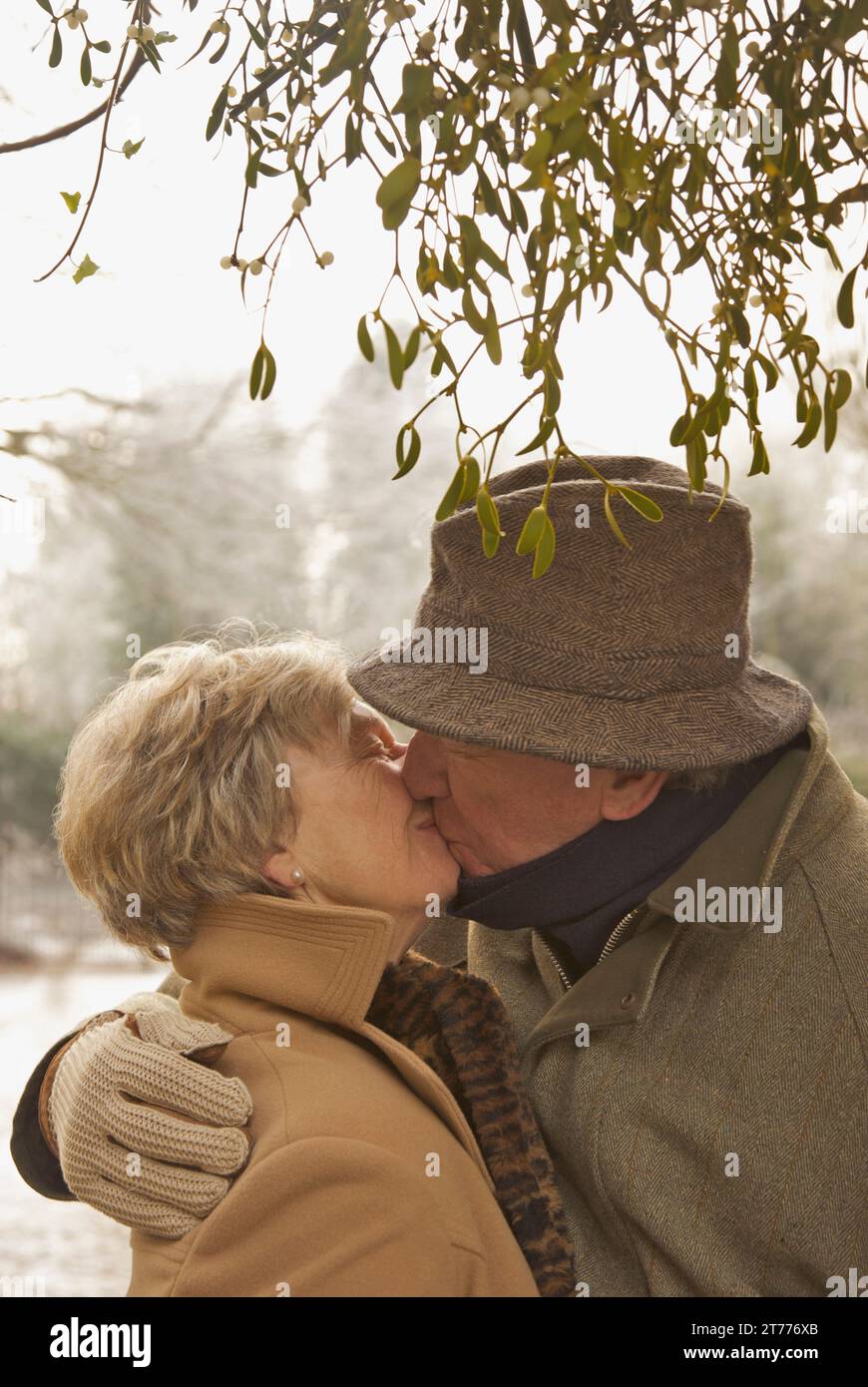 Reifes Paar, das unter einem Baum steht und sich küsst Stockfoto