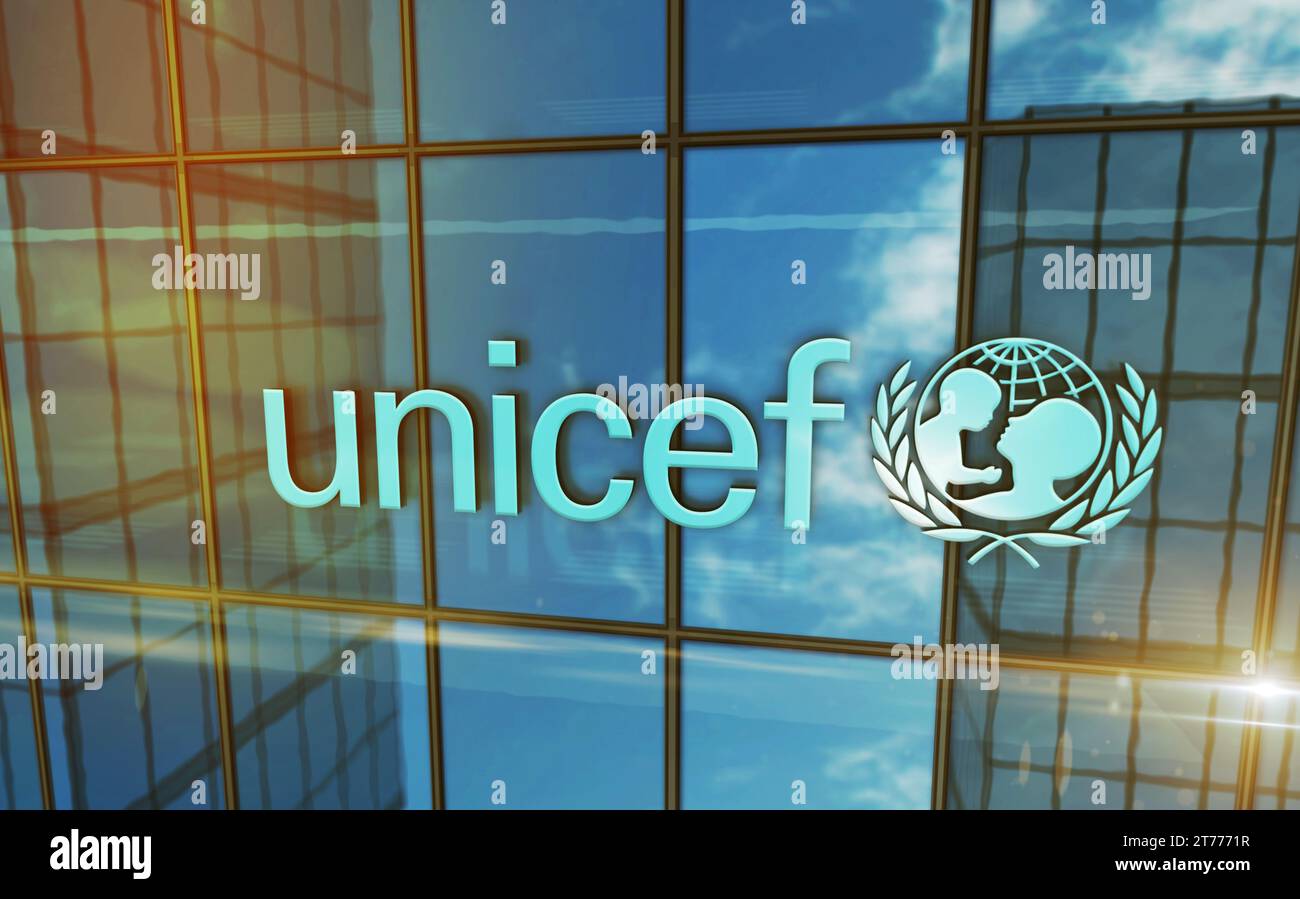 New York, New York, 10. November 2023: Konzept des Glasgebäudes des Hauptquartiers der UNICEF-Organisation. Symbol des Kinderhilfswerks der Vereinten Nationen Logo 3d Illustration Stockfoto