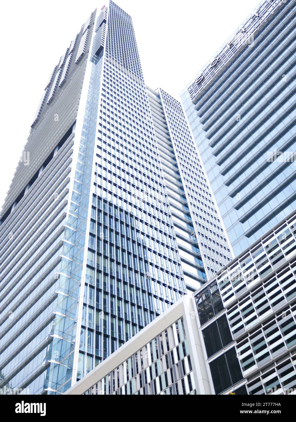 Gegenüberblick auf hochgraue Gebäude Stockfoto