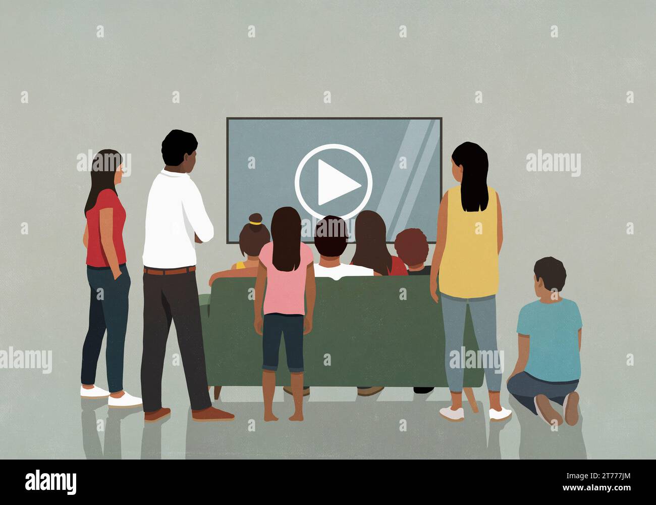 Community, die Videos mit Wiedergabesymbol auf dem Fernsehbildschirm ansieht Stockfoto