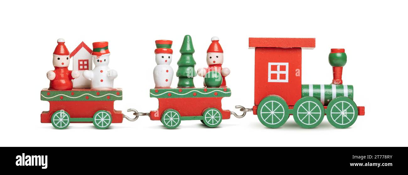 Rotes weihnachtszugspielzeug isoliert auf weißem Hintergrund. Breites Banner zur weihnachtsdekoration Stockfoto