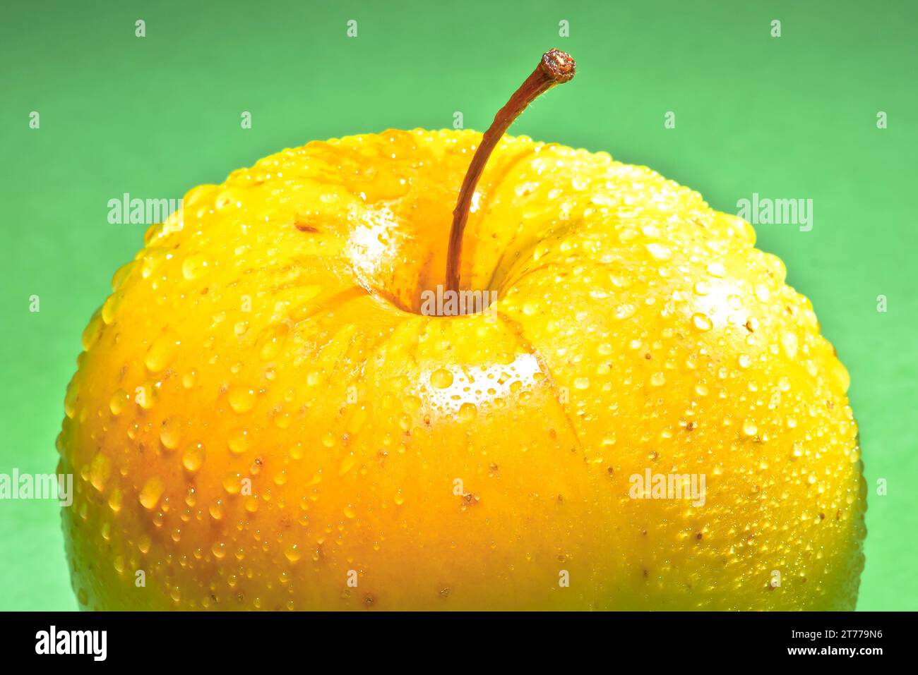 Nasser gelber köstlicher Apfel auf grünem Hintergrund Stockfoto