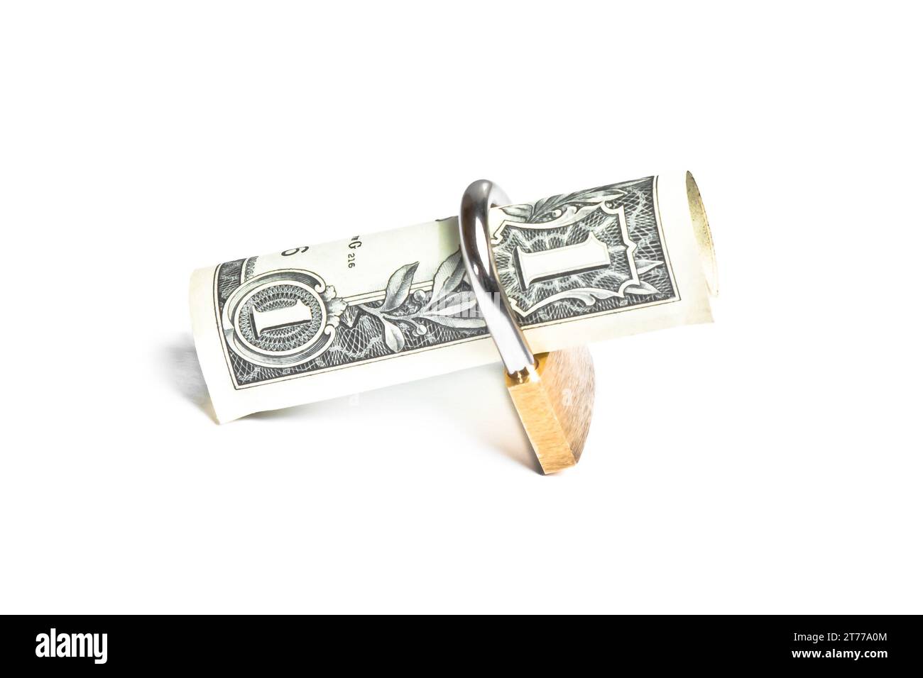 Dollar-Banknote gerollt mit Schlosssicherheit. Geld für Sicherheit und Investitionen. Stockfoto