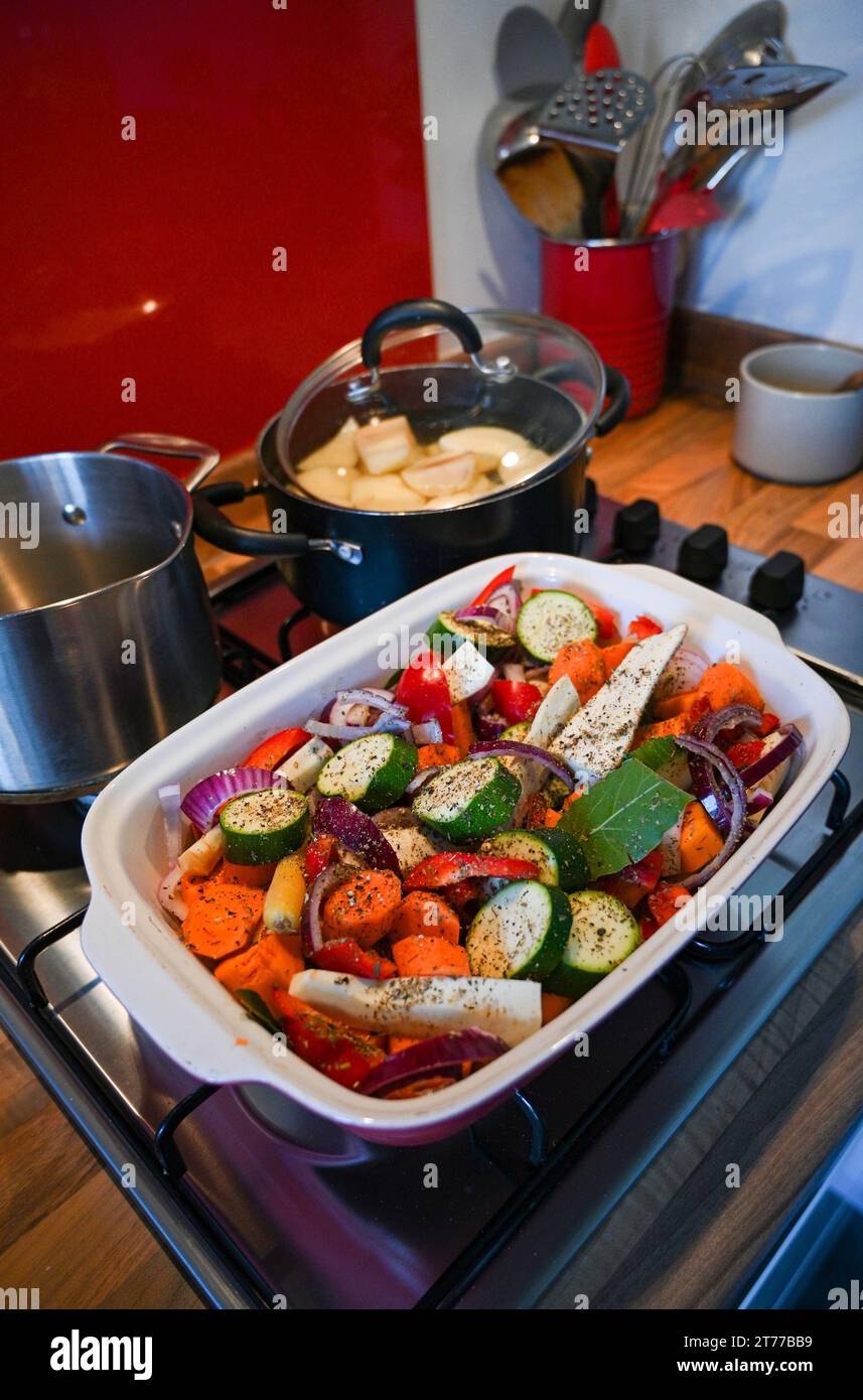 Home Kochen - Zubereitung von gebratenem Gemüse in einem für den Ofen vorbereiteten Gericht mit Butternusskürbis , Pastinaken Karotten , Zucchini und Paprika . Stockfoto