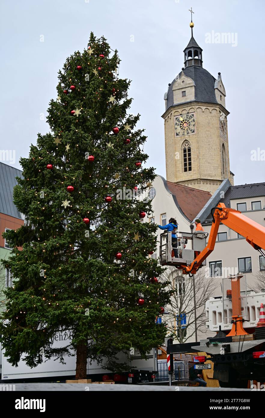 Jena, Deutschland. November 2023. Der Weihnachtsbaum auf dem Jenaer Marktplatz ist dekoriert. Die 18 Meter hohe Blaufichte bildet den Mittelpunkt des Jenaer Weihnachtsmarktes, der vom 24. November bis 22. Dezember stattfindet. Quelle: Martin Schutt/dpa/Alamy Live News Stockfoto