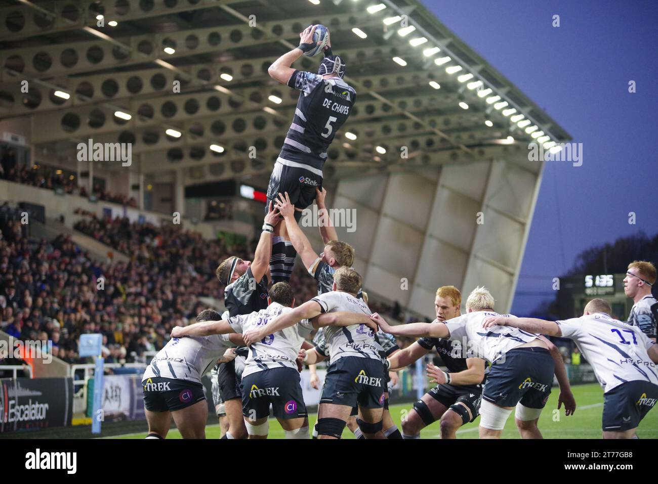 Newcastle upon Tyne, 12. November 2023. Sebastian de Chaves spielte für Newcastle Falcons und holte den Ball in einer Linie gegen Saracens in einem Gallagher Premiership-Spiel im Kingston Park. Quelle: Colin Edwards Stockfoto