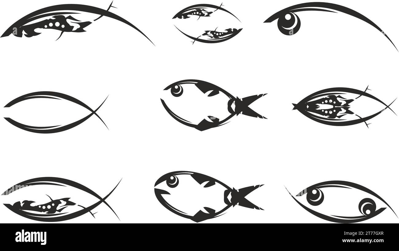 Schwarz-weiße Fischsymbole für Embleme oder Tätowierungen. Einfache Fischsymbole für Logos, Geschäftskonzepte, Aufdrucke auf T-Shirts, Stickereien und Textilien usw. Stockfoto