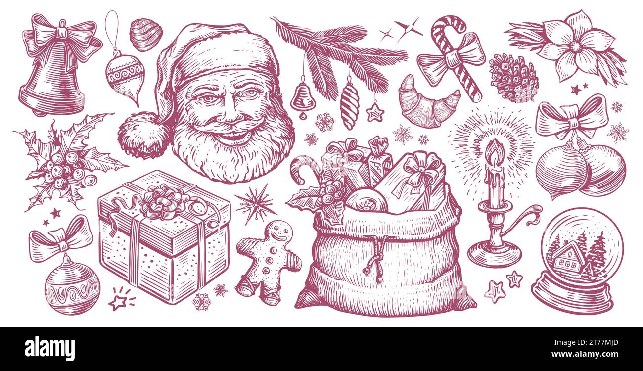 Weihnachtsmotiv. Handgezeichnete Vektorillustration im Retro-Skizzenstil, für Feiertagsdesign Stock Vektor