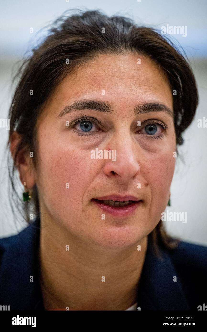 Der flämische Minister für Umwelt, Energie, Tourismus und Justiz, Zuhal Demir, ein Bild von einer Pressekonferenz über die Einigung der flämischen Regierung über das Stickstoffdekret am Dienstag, den 14. November 2023. BELGA FOTO JASPER JACOBS Stockfoto