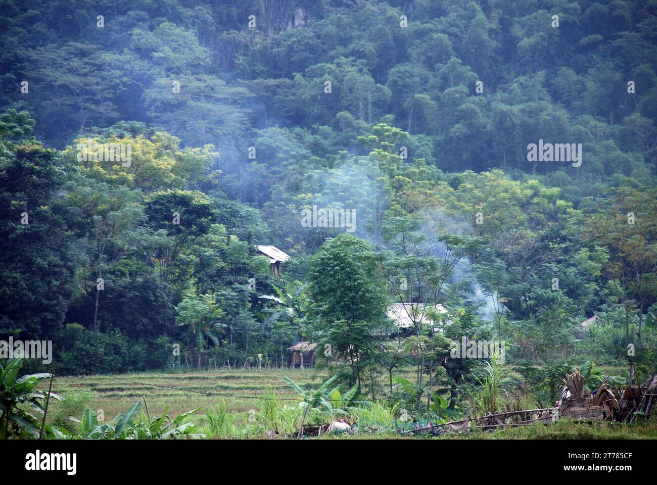 Ein kleines Dorf versteckt im Dschungel in den Bergen von Nordvietnam Stockfoto