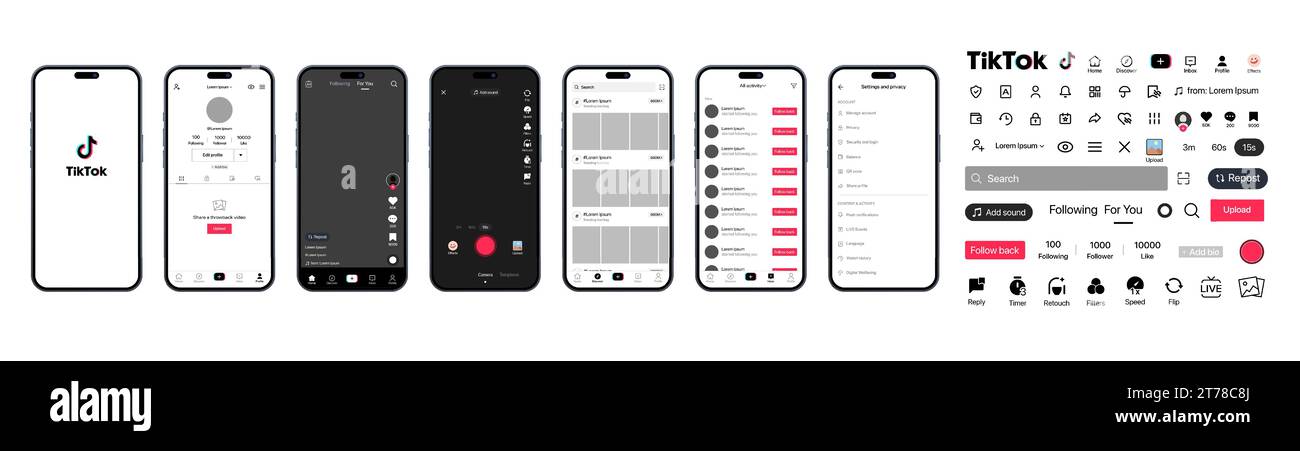 Tik Tok Design für iphone 15. Tik Tok-Bildschirm soziale Medien, Vorlage für die Schnittstelle für soziale Netzwerke. Homepage, Laden, Empfehlungen, Abonnement, Profil Stock Vektor