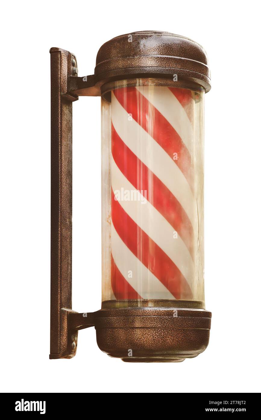 Vintage verwitterter Friseur Shop Stange mit roten und weißen Streifen isoliert auf weißem Hintergrund Stockfoto