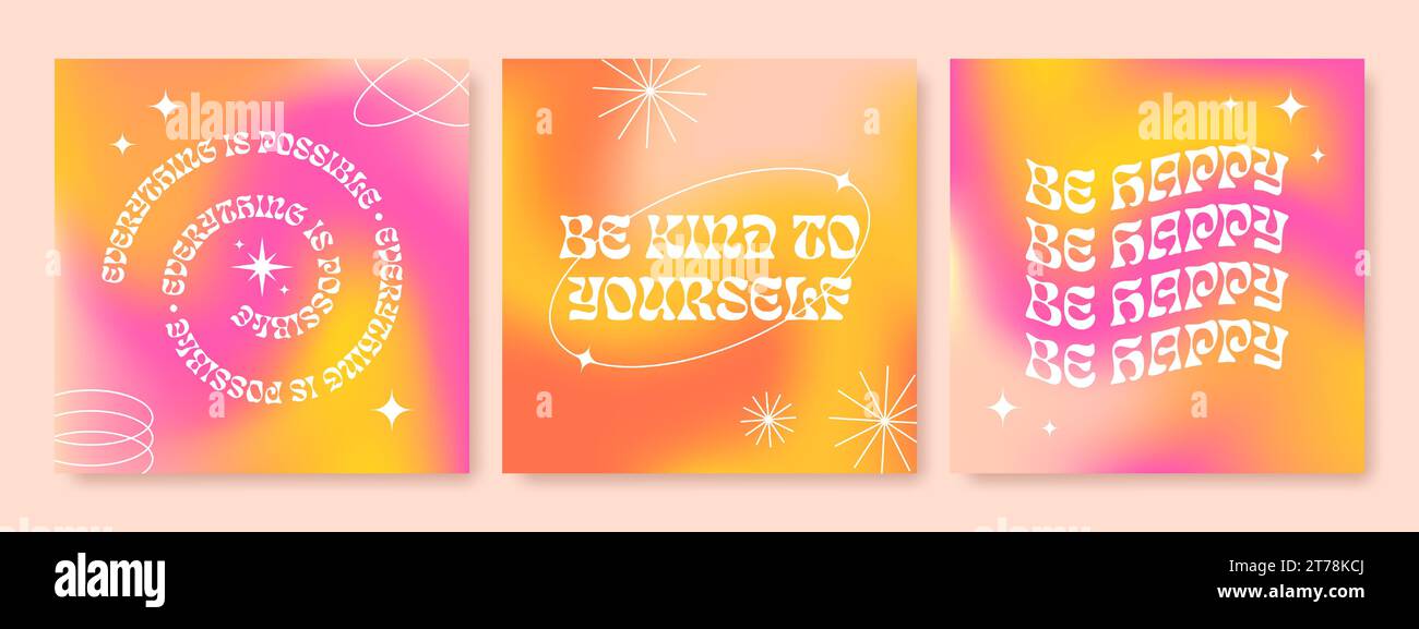 Ästhetische, farbenfrohe Vorlagen mit Zitaten. Sei glücklich, alles ist möglich, sei gütig zu dir. Vektorabbildung Stock Vektor