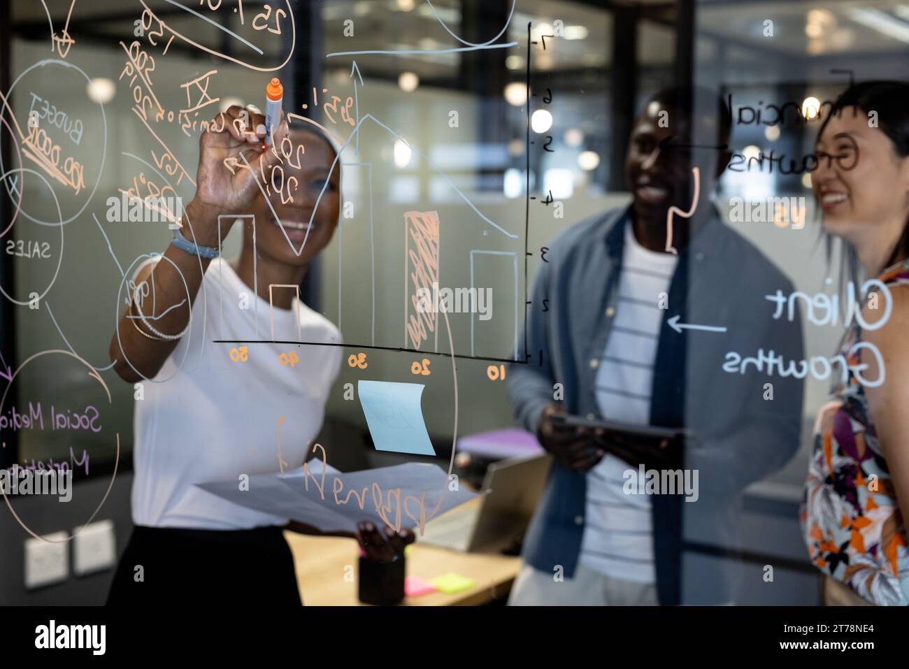 Glückliche, vielfältige männliche und weibliche Kollegen beim Brainstorming, Schreiben an Glaswand im Büro Stockfoto