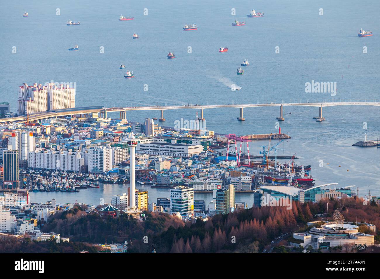 Busan, Südkorea - 13. März 2018: Frachtschiffe liegen vor Busan vor Anker Stockfoto