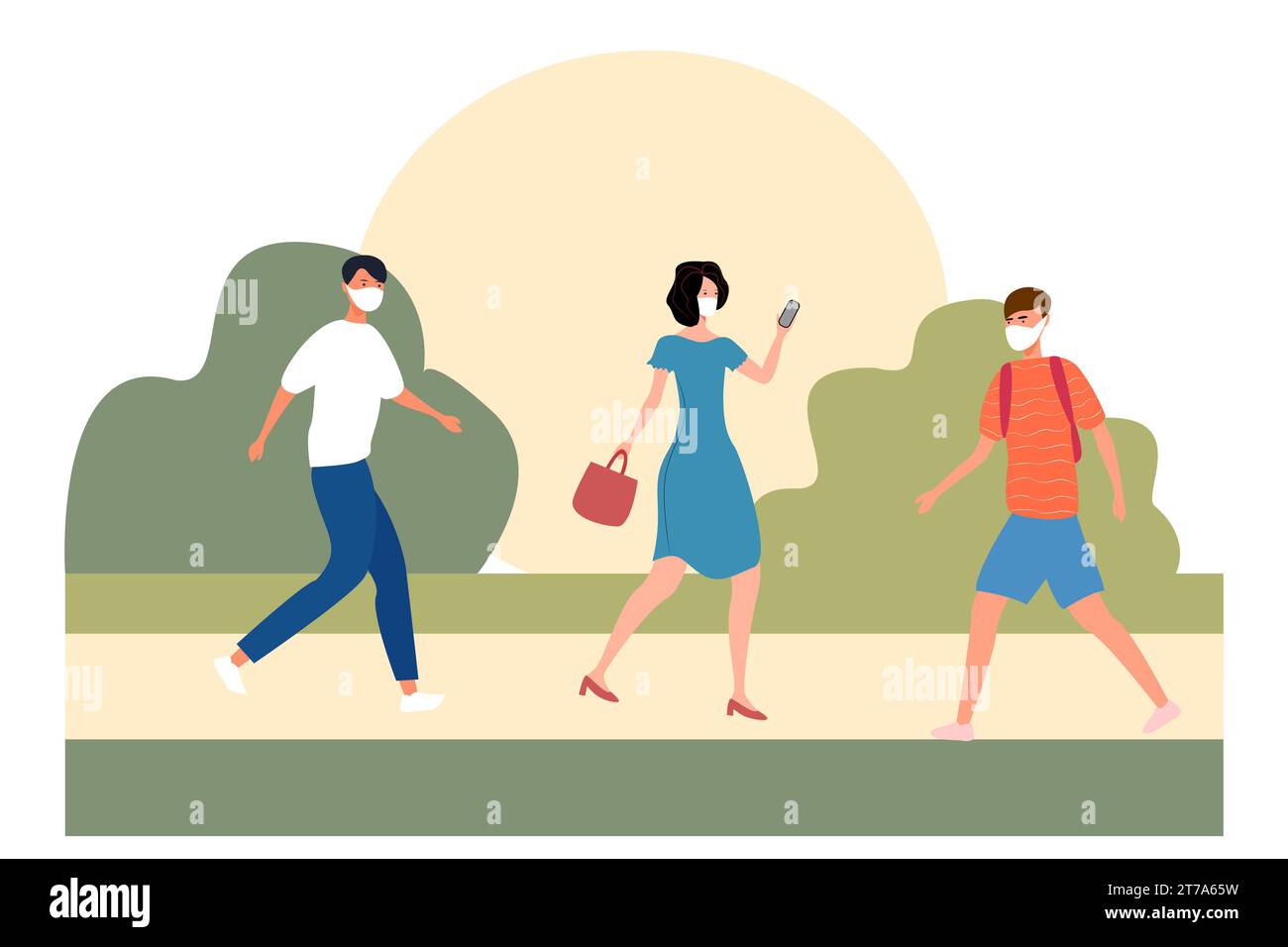Moderne flache Illustration maskierter Menschen auf einem Stadthintergrund. Männliche und weibliche Zeichentrickfigur in Bewegung. Flacher Vektor Stock Vektor