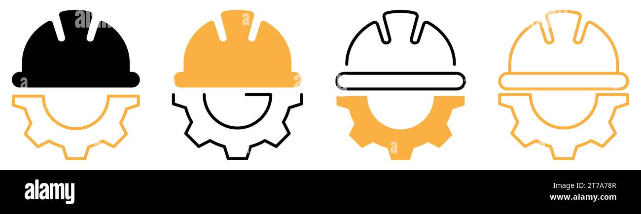 Satz von Helmsymbolen mit Zahnrädern. Arbeitskleidung, Helmkonstruktion und Zahnrad. Sicherheits- und Schutzkonzept. Vektorabbildung Stock Vektor