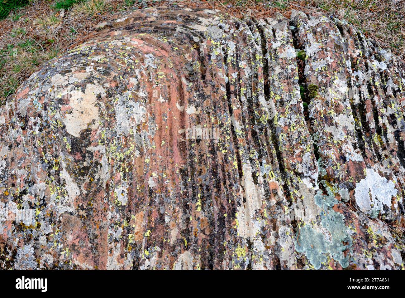 Roter Sandstein mit Liesegang-Ringen. Sandstein ist ein klastisches Sedimentgestein, das aus Quarzkörnern besteht. Dieses Foto wurde in Sierra de Albarracín, T Stockfoto