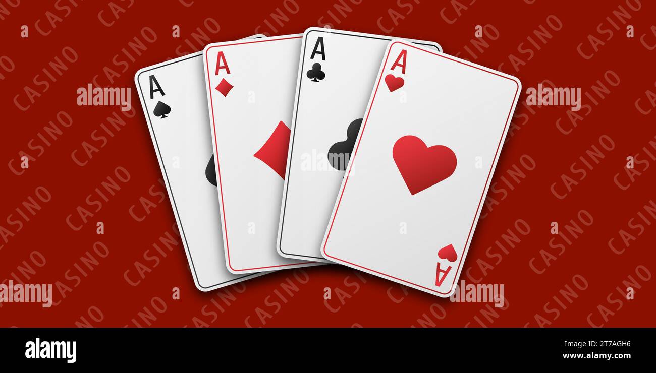 Casino-Konzept. Fans von Karten mit Handspielen. Roter Spieltisch. Vier Asse mit dem Anzug aus Herzen, Schlägern, Diamanten und Pik. Vetor-Abbildung. Stock Vektor