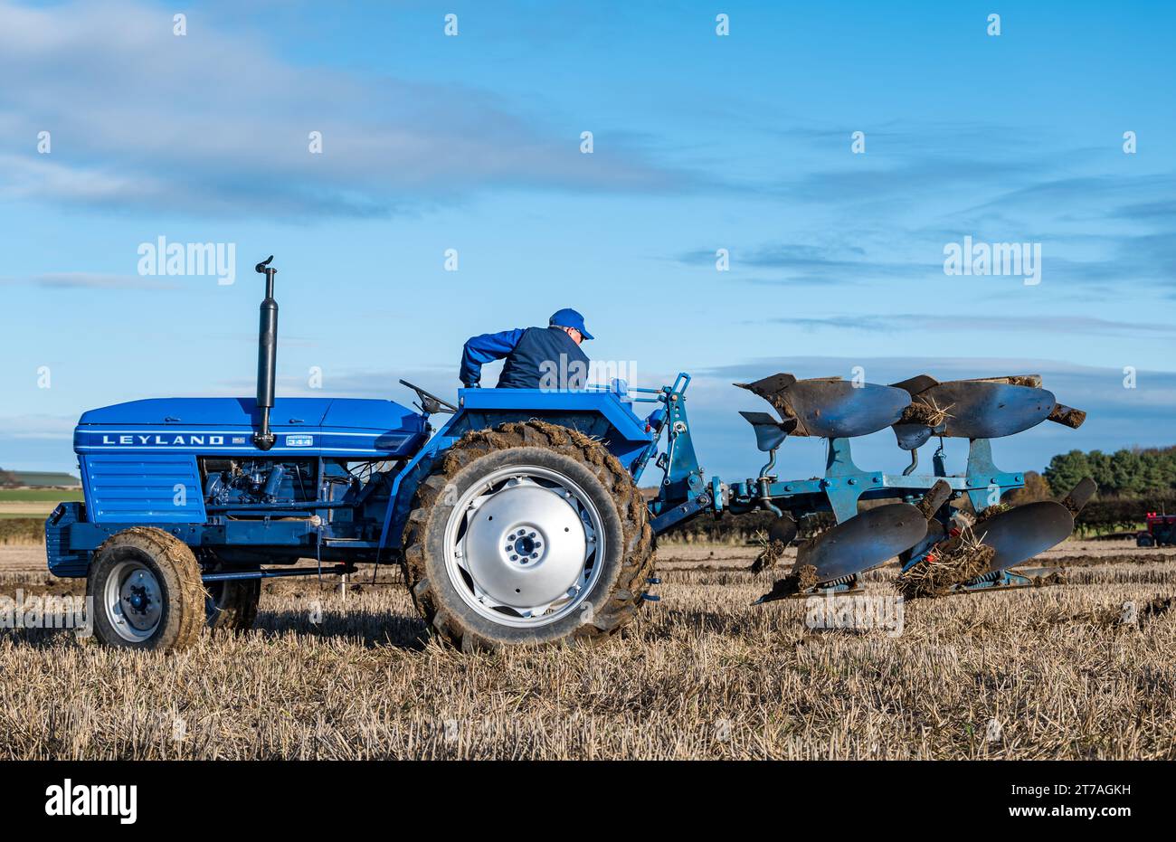 Vintage Leyland Traktor im Pflügen Spiel, East Lothian, Schottland, Großbritannien Stockfoto