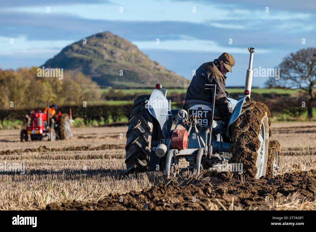 Oldtimer-Traktoren beim Pflügen von Furchen, East Lothian, Schottland, Großbritannien Stockfoto
