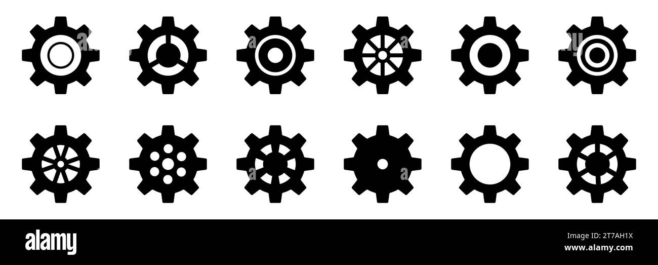 Sammlung mechanischer Zahnräder. Symbolsatz Gänge. Symbol für Gangeinstellung. Vektordarstellung mit schwarzen Silhouetten Kettenradsymbole oder -Zeichen Designelement Stock Vektor