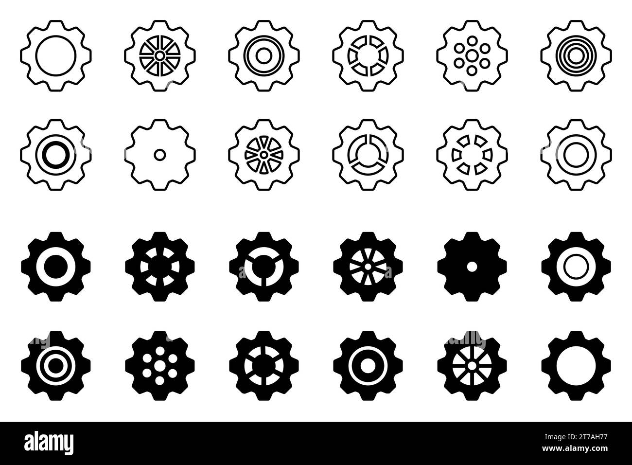 Symbolsatz Gänge. Symbol „Einstellen der Gänge“. Sammlung mechanischer Zahnräder. Weißer Hintergrund. Vektorillustration mit schwarzen Kettenradsymbolen Design el Stock Vektor