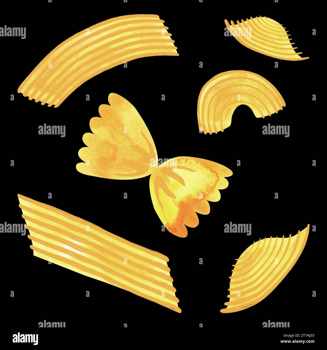 Italienische Pasta: Farfalle, Penne, Muscheln. Nationale Lebensmittel. Isolierte Aquarellillustration. Clipart Stockfoto