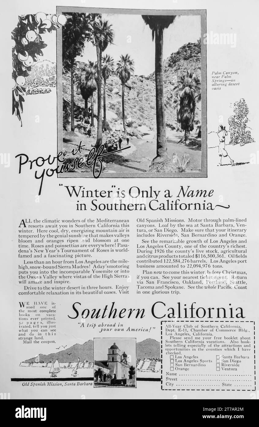 1927 Südkalifornien Urlaubsanzeige, ganzjähriger Club Los Angeles Kalifornien Stockfoto