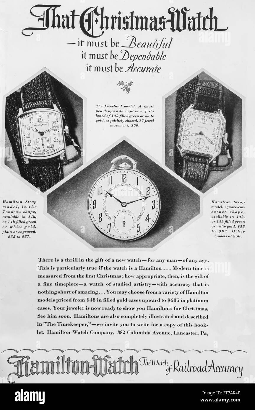 1927 Hamilton Watch-Anzeige. „Hamilton. Die Uhr der Eisenbahngenauigkeit." Stockfoto
