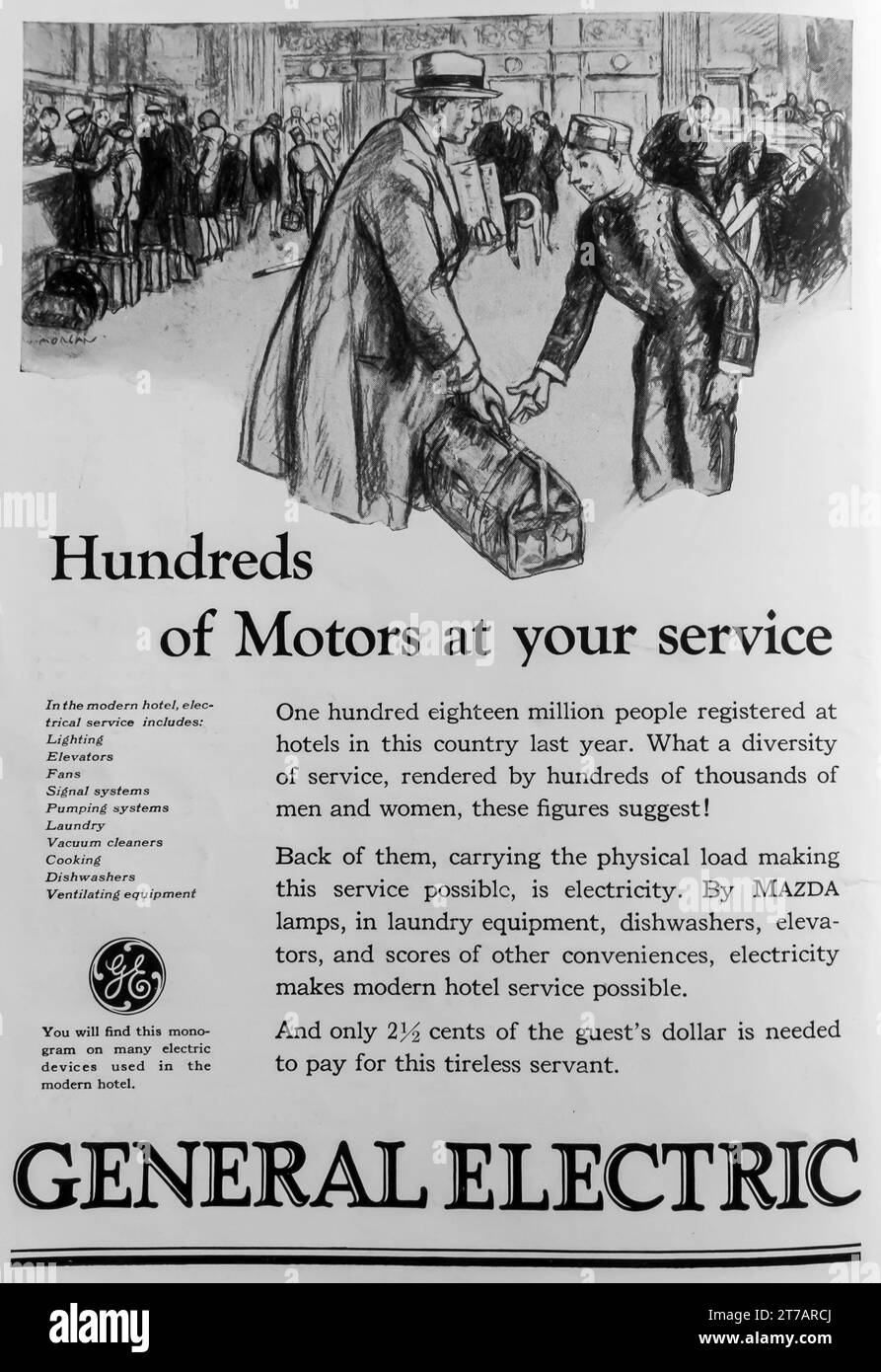 1927 Allgemeine elektrische Anzeige. "Hunderte von Motoren zu Ihren Diensten." Stockfoto