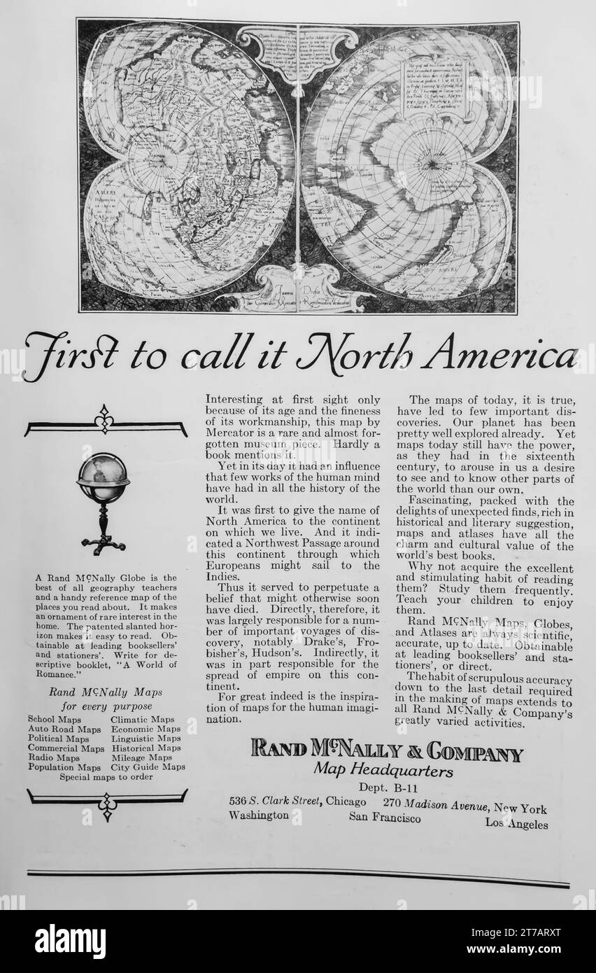 1927 Rand McNally Maps Anzeige. "Zuerst Nordamerika." Ein amerikanisches Technologie- und Verlagsunternehmen, das Karten anbietet. Stockfoto