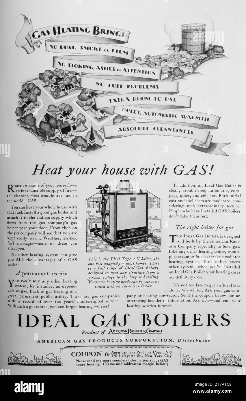 1927 Gasheizung – Werbung Für Ideale Gaskessel American Radiator Company Stockfoto