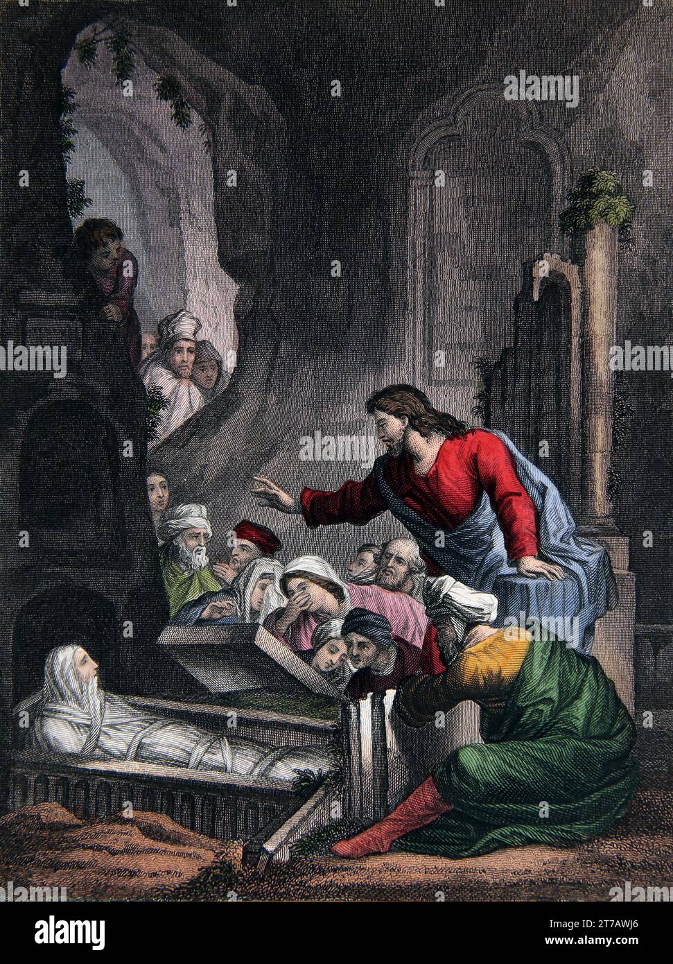 Illustration der Auferstehung des Lazarus durch Jesus Christus (Johannes) aus der selbstinterpretierenden Familienbibel Stockfoto