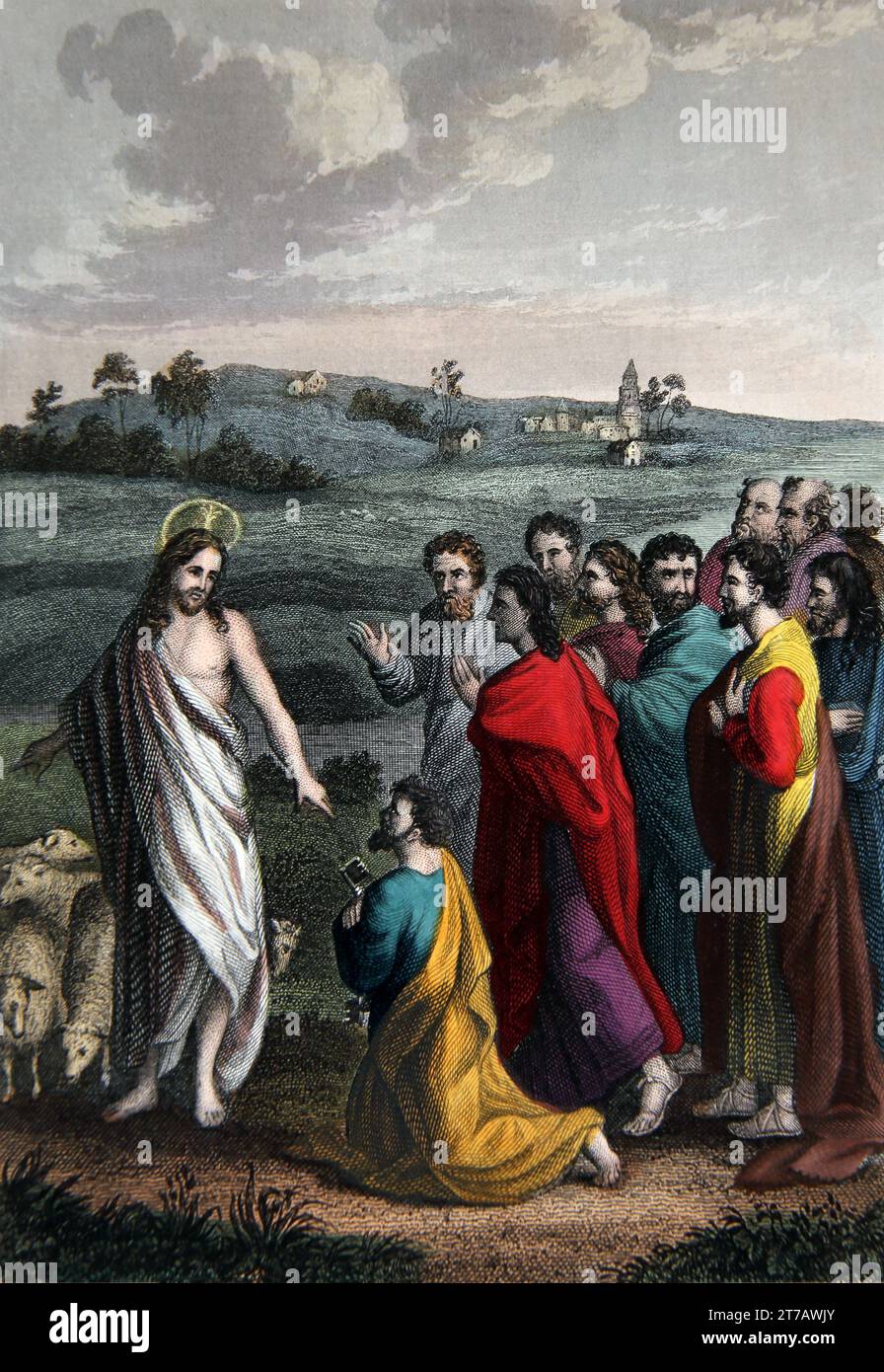 Illustration von Jesus Christus, der den Apostel Petrus mit den Schlüsseln zu den Himmelstoren auflädt (Johannes) aus der selbstinterpretierenden Familienbibel Stockfoto