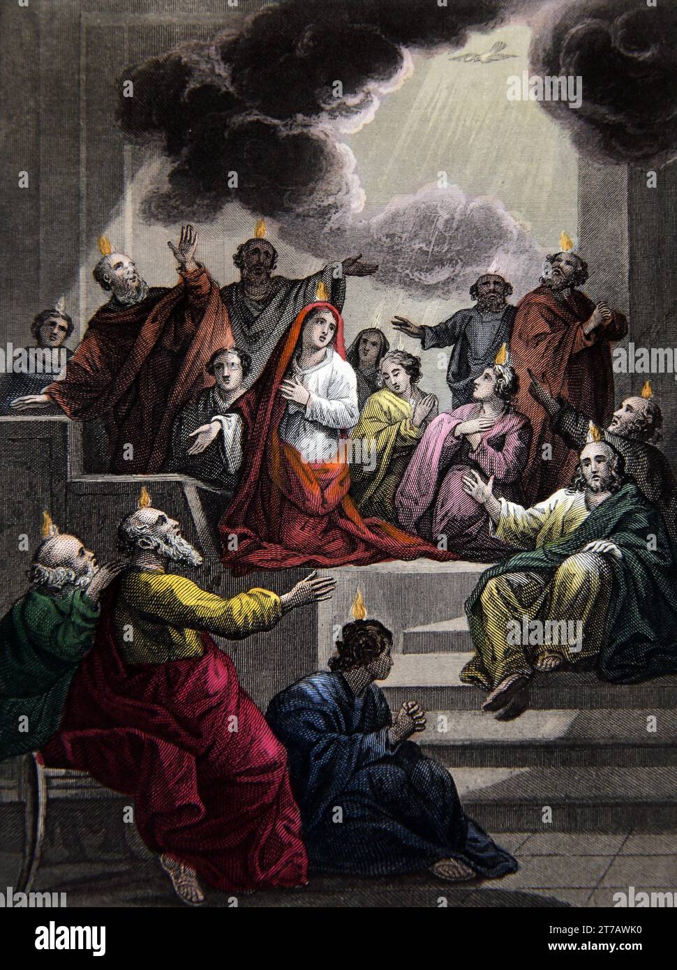 Illustration der Herabkunft des Heiligen Geistes, die Zungen des Feuers über dem Apostelkopf zeigt (Apostelgeschichte II.3) aus der selbstinterpretierenden Familienbibel Stockfoto