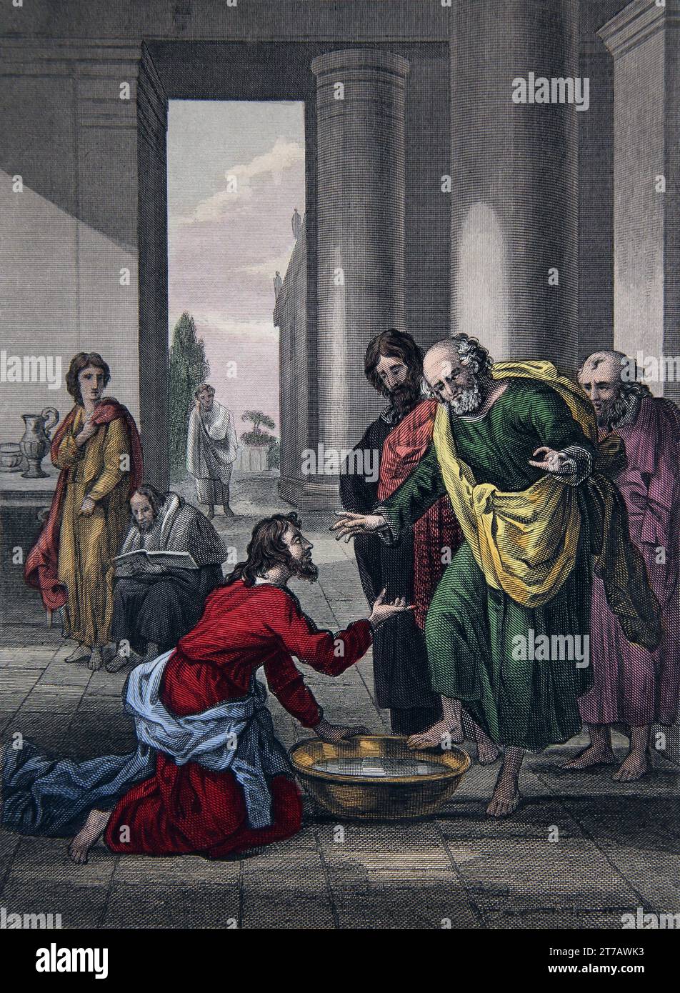 Illustration von Jesus Christus, der seine Jünger die Füße wäscht (JohnXIII.5) aus der selbstinterpretierenden Familienbibel Stockfoto