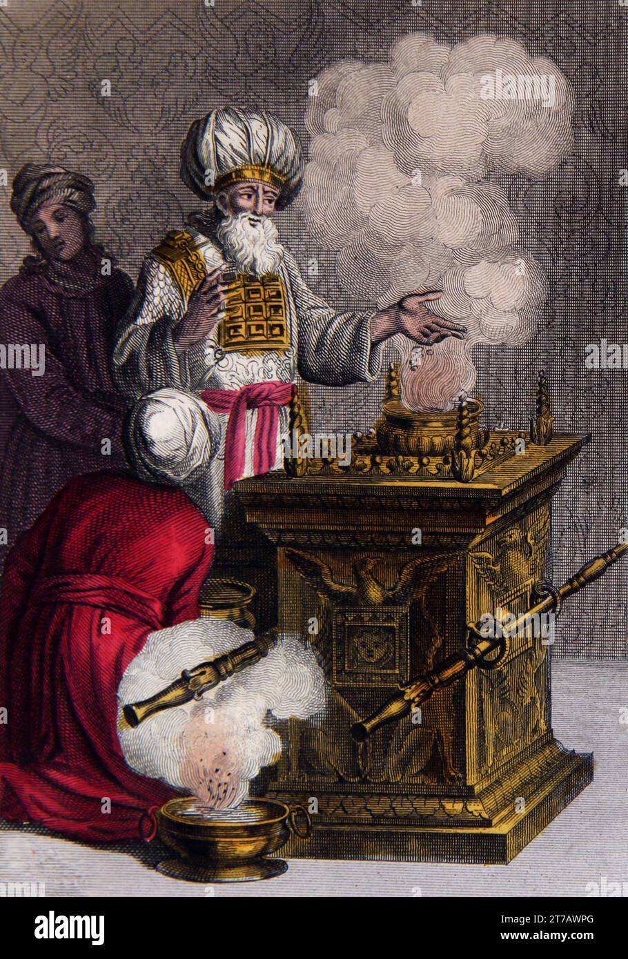 Illustration des Hohepriesters am Räucheraltar aus der selbstinterpretierenden Familienbibel Stockfoto