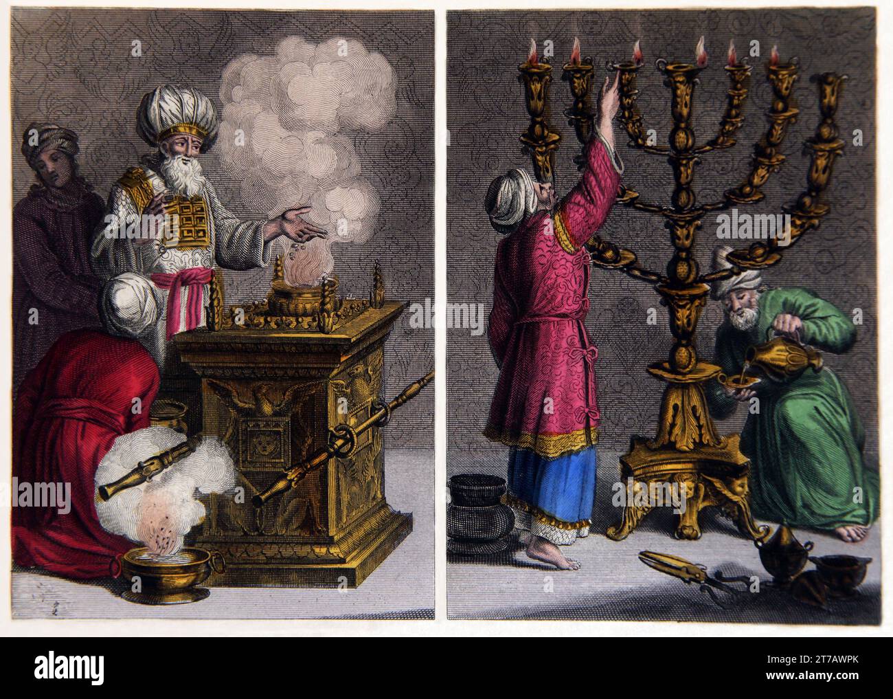 Illustration des Hohepriesters am Weihrauchaltar und des goldenen Kerzenleuchters aus der selbstinterpretierenden Familienbibel Stockfoto