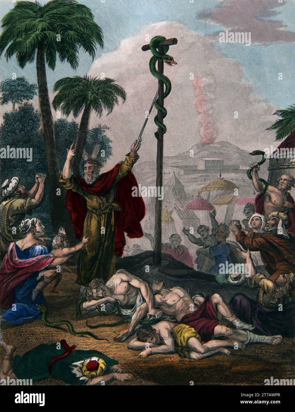 Biblische Illustration der Brazen Schlange - Moses hielt die Schlange, damit die Israeliten, die sie sahen, vor dem Sterben vor den feurigen Schlangen geschützt wurden ( Stockfoto